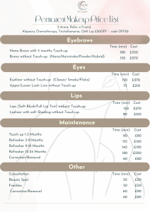 permanent makeup price list bournemouth